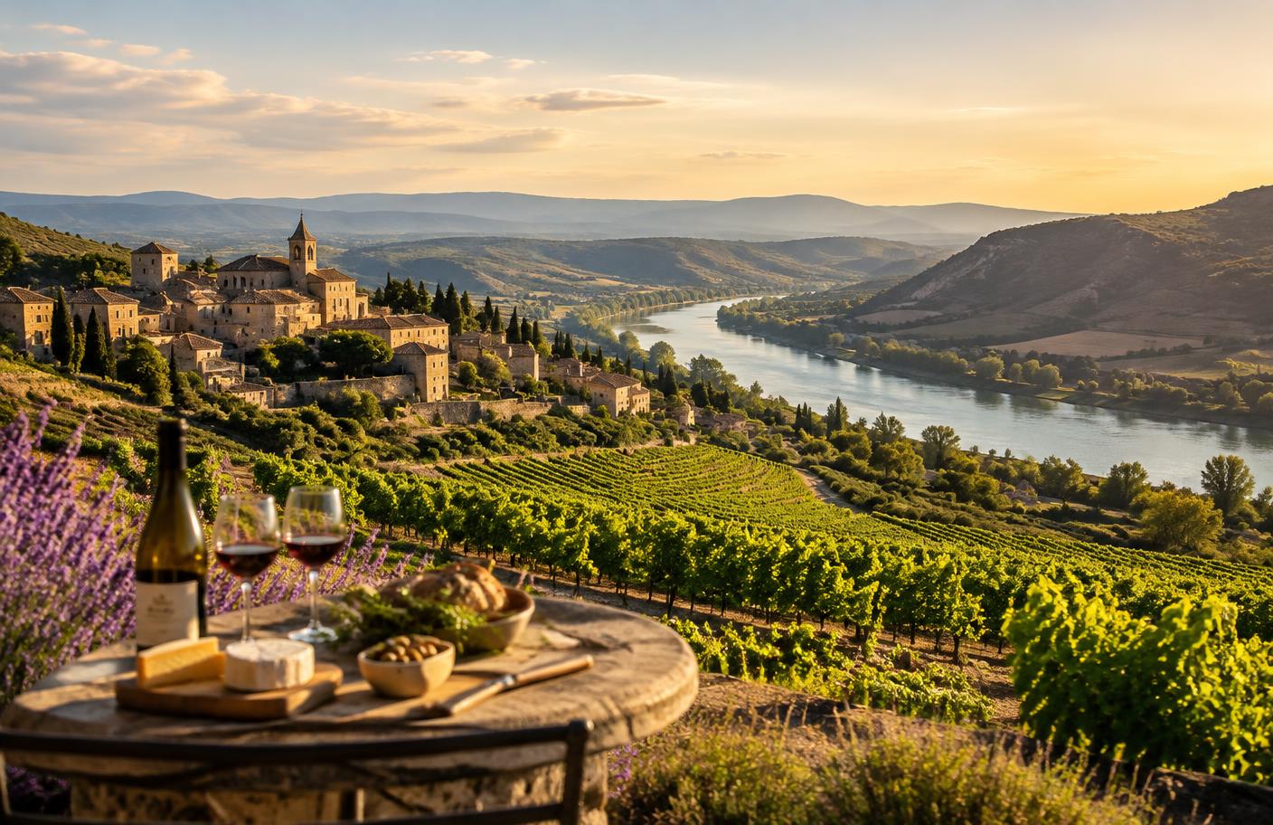 Sunlit vineyard landscape beside a river