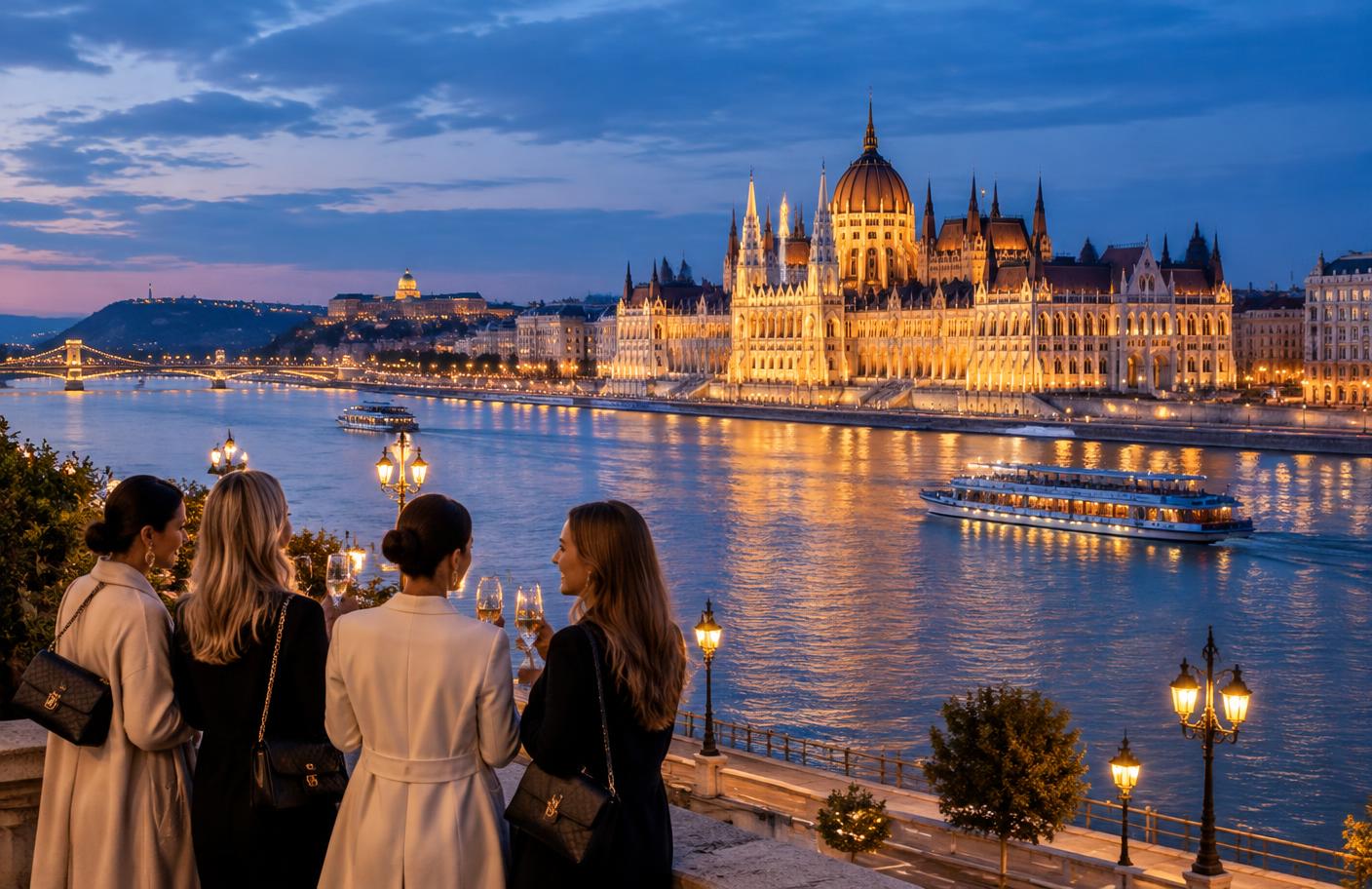 Women enjoying an elegant European river view
