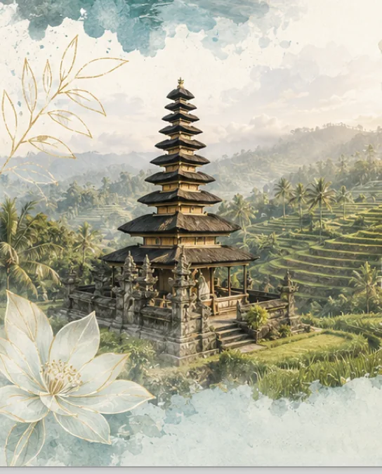 Balinese temple set among green rice terraces and palms