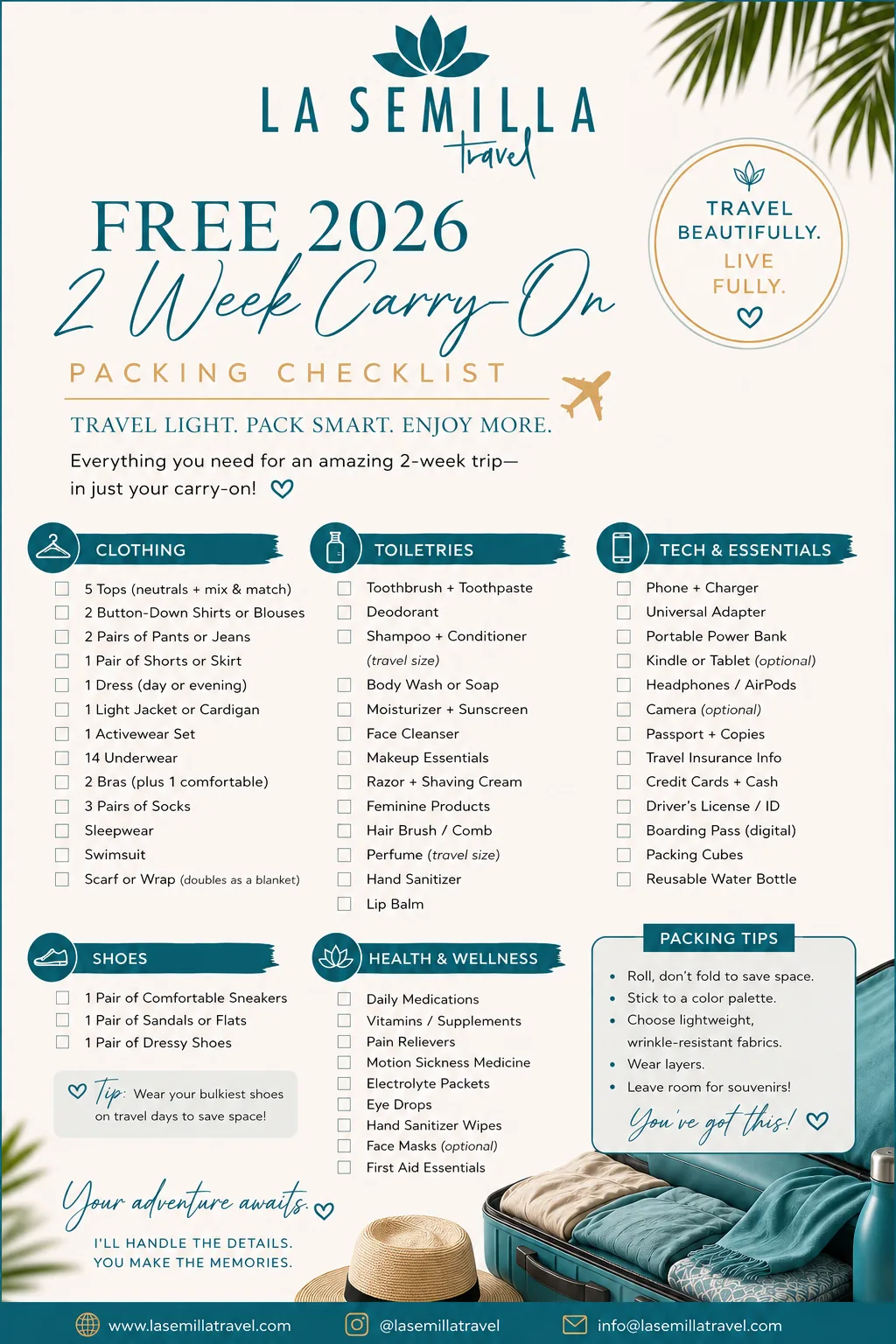 La Semilla Travel free 2026 two week carry-on packing checklist