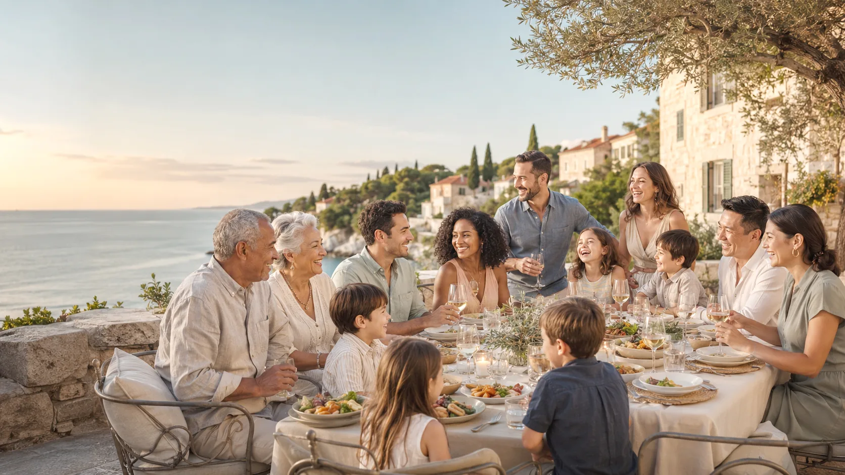 Multigenerational family enjoying a shared meal overlooking the Croatian coast.