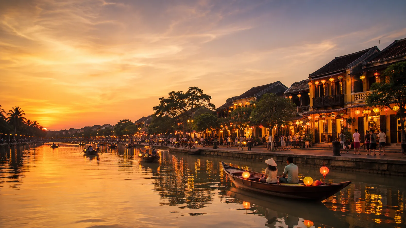 Lantern-lit riverside street in Hoi An, Vietnam at dusk