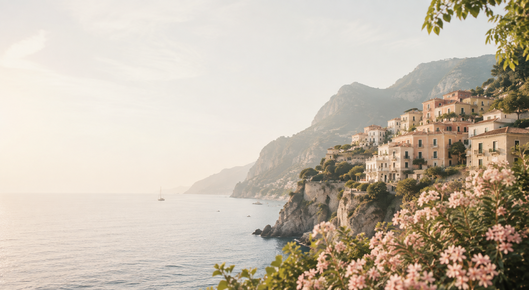 Sunlit Mediterranean coastal village framed by mountains, greenery, and pink flowers